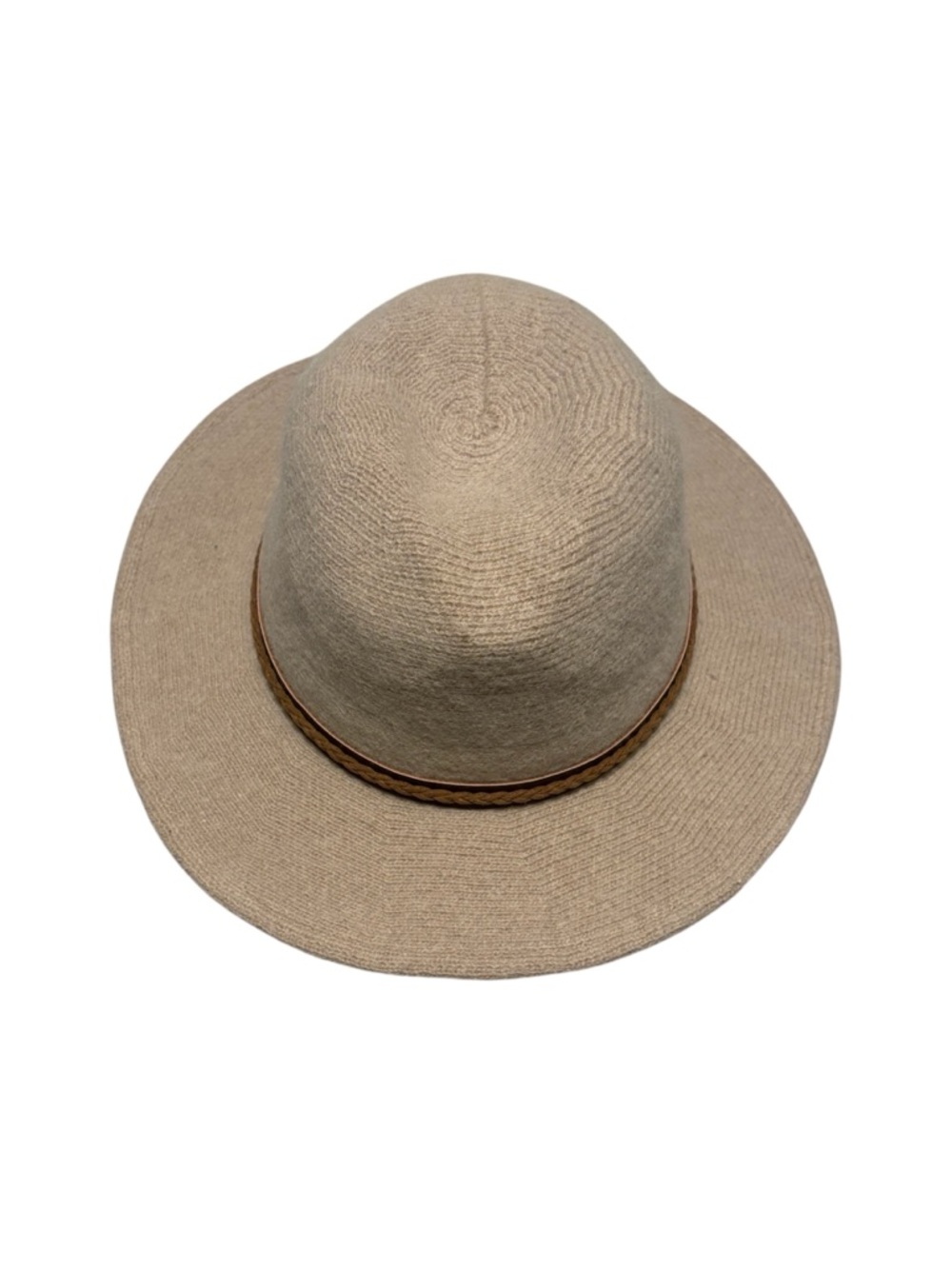 Neutral Wool Blend Wide Brim Fedora Hat Braided Trim Boho Taupe
